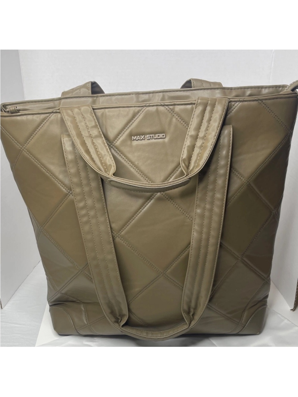 MAX STUDIO Taupe Quilted Tote Bag Large Women Zip Top Laptop Diaper Bag Carryall
